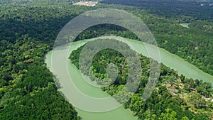 Aerial drone view of river with mangrove swamp in Sedili Kecil, Johor, Malaysia