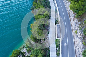 Aerial drone view on road and bike path