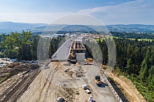 Aerial drone view on road under construction.