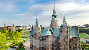 Aerial drone view of Rosenborg Slot Castle and beautiful garden from above, Kongens Have park, Copenhagen, Denmark