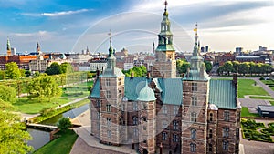 Aerial drone view of Rosenborg Slot Castle and beautiful garden from above, Kongens Have park, Copenhagen, Denmark