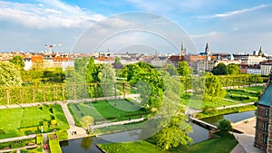 Aerial drone view of Rosenborg Slot Castle and beautiful garden from above, Kongens Have park, Copenhagen, Denmark