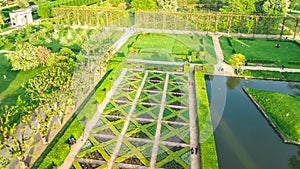 Aerial drone view of Rosenborg Slot Castle and beautiful garden from above, Kongens Have park, Copenhagen, Denmark