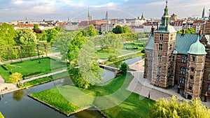 Aerial drone view of Rosenborg Slot Castle and beautiful garden from above, Kongens Have park, Copenhagen, Denmark