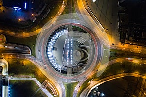 Aerial drone view of roundabout in Katowice at night.