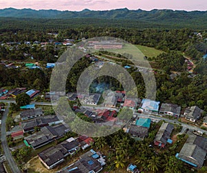 Aerial drone view of rural settlement in Felda Air Tawar 4, Kota Tinggi, Johor, Malaysia