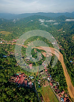 Aerial drone view of rural settlements area scenery in Sungai Lembing, Pahang, Malaysia