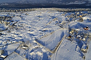 Aerial drone view with rural sights in winter