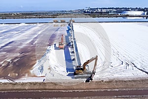 Aerial drone view of salt collection in the evaporators of sea salt in nature reserve Marismas del Odiel. Traditional Sea salt