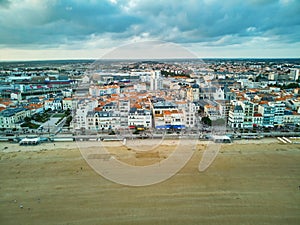 Aerial drone view of sand beach in Les Sables d\'0lonne , France