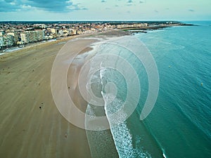 Aerial drone view of sand beach in Les Sables d\'0lonne , France