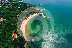 Aerial drone view of sea and coast above Euxinograd, Varna, Bulgaria. Beautiful summer day.