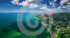 Aerial drone view of sea and coast above Varna, Bulgaria. Beautiful summer day. photo