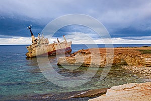 Aerial drone view ship wreck on the beach. Pegeia near Paphos on Cyprus