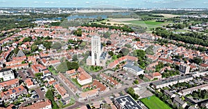 Aerial drone view of the Sint Catharijnekerk in historic foritfied town of Brielle, The Netherlands.