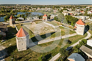 Aerial drone view of Skalatsy castle museum in Skalat town, Ternopil region, Ukraine