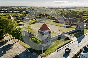 Aerial drone view of Skalatsy castle museum in Skalat town, Ternopil region, Ukraine