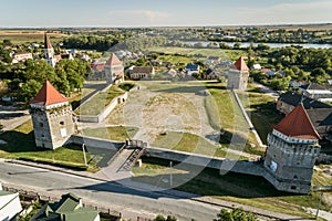 Aerial drone view of Skalatsy castle museum in Skalat town, Ternopil region, Ukraine