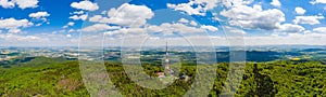 Aerial drone view on Sleza mountain with tv tower on top.