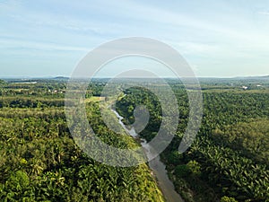 Aerial drone view of a small river at farmland in Jasin, Melaka, Malaysia