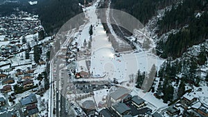 Aerial drone view of snow slope domaine des planards in Chamonix