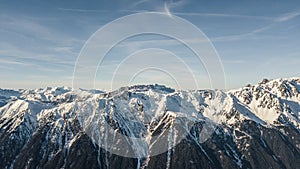 Aerial drone view snowy Mont Brevent in mount blanc, French Alps