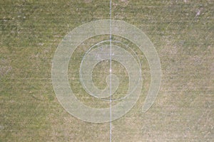Aerial/drone view of a soccer/football field center circle at sports field complex near Ontario, Canada.