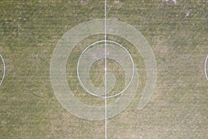 Aerial/drone view of a soccer/football field center circle at sports field complex near Ontario, Canada.