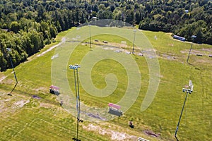 Aerial/Drone view of soccer/football field complex during the afternoon in Ontario, Canada.