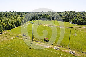 Aerial/Drone view of soccer/football field complex during the afternoon in Ontario, Canada.