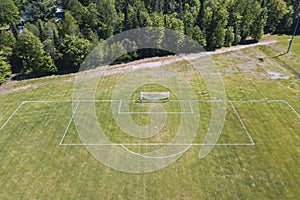 Aerial/drone view of soccer/football field net at a sports field complex in Ontario, Canada.