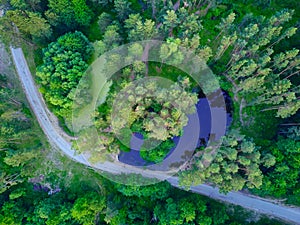 Aerial drone view of some trees and a lake in summer