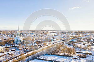 Aerial drone view of Spasskaya Church and Novotorzhsky Borisoglebsky Monastery with Tvertsa river in Torzhok, Russia. Russian