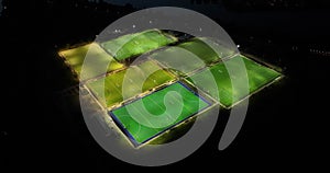 Aerial drone view of sports field practise facilities, place for workout, traning and practice. Football hcokey and