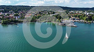 Aerial drone view of Starnberg See lake and yacht , Bavaria Germany