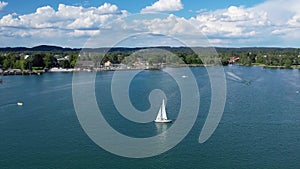 Aerial drone view of Starnberg See lake and yacht, Bavaria Germany