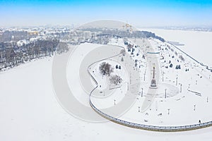 Aerial drone view of Strelka park and Assumption Cathedral in winter. Yaroslavl city, touristic Golden Ring in Russia