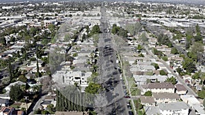 Aerial drone view of suburb residential houses, Van Nuys, California