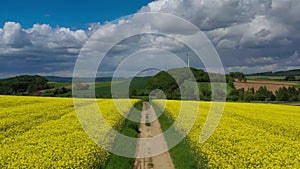 Aerial drone view summer landscape cloudy sky, rapeseed fields, forests, villages, windmills in German countryside.