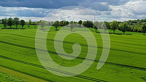 Aerial drone view summer landscape cloudy sky, rapeseed fields, forests, villages, windmills in German countryside.