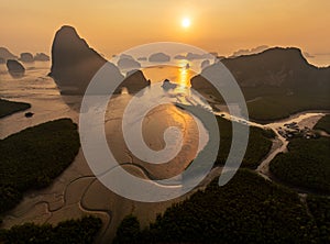 Aerial drone view sunrise at Samet Nang She view point, Phangnga bay, Thailand