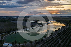 Aerial drone view sunset in Hip-notics cable park wake park in Antalya Turkey. Wakeboarding in Turkey