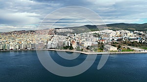 Aerial drone view of Thessaloniki coastline. Monument and museum the White Tower