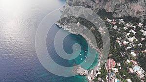 Aerial drone view to Capri island. Tyrrhenian Sea, coastline, Italy