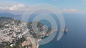 Aerial drone view to Capri island. Tyrrhenian Sea, coastline, Italy