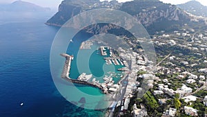 Aerial drone view to Capri island. Tyrrhenian Sea, coastline, Italy