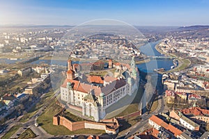 Aerial drone view to Wawel castle on the hill and wisla river.