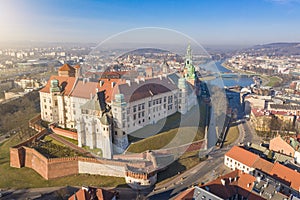 Aerial drone view to Wawel castle on the hill and wisla river. photo