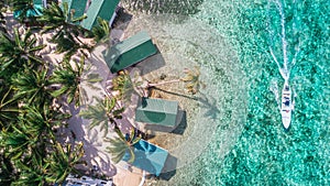 Aerial drone view of Tobacco Caye small Caribbean island in Belize Barrier Reef