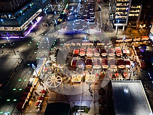 Aerial drone view on traditional Christmas market at Katowice